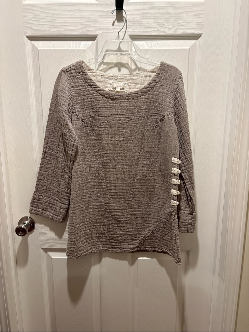 Kleen Womens Cotton Tunic Top Lagenlook Artsy Boho Textured 3/4 Sleeve Gray